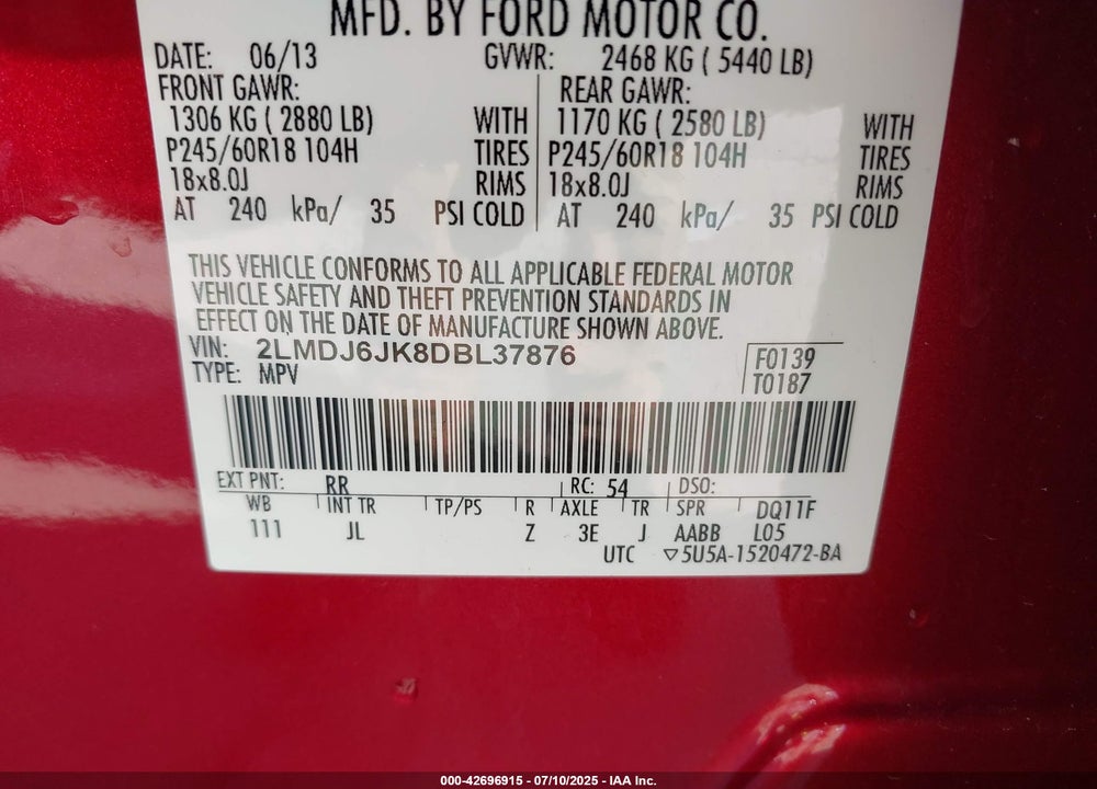2013 LINCOLN MKX VIN: 2LMDJ6JK8DBL37876