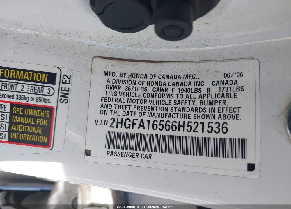 2006 HONDA CIVIC SDN VIN: 2HGFA16566H521536