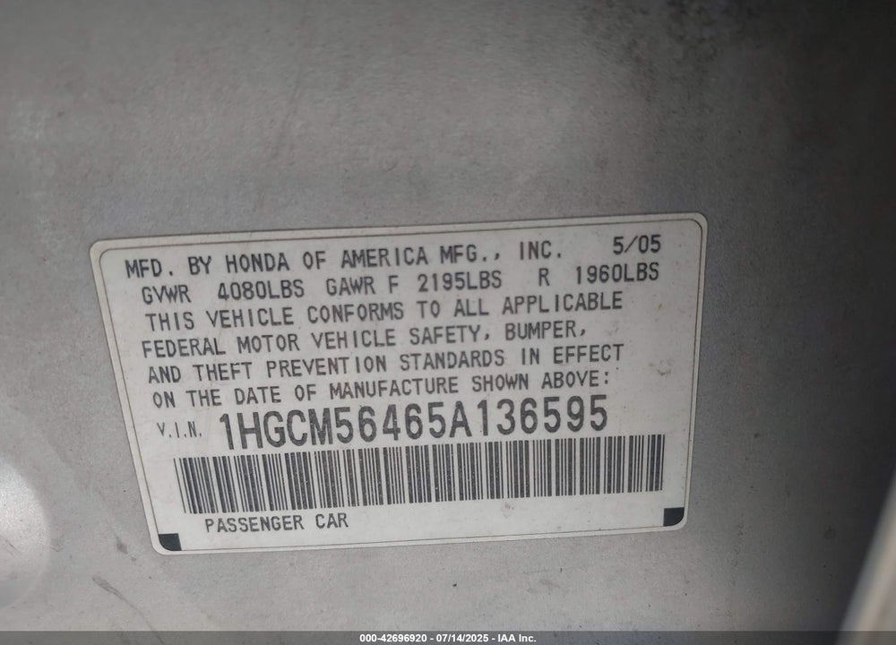 2005 HONDA ACCORD 2.4 LX VIN: 1HGCM56465A136595