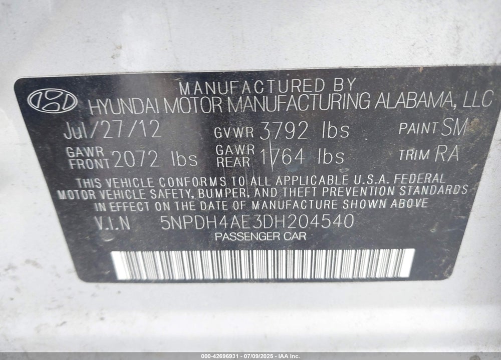 2013 HYUNDAI ELANTRA VIN: 5NPDH4AE3DH204540