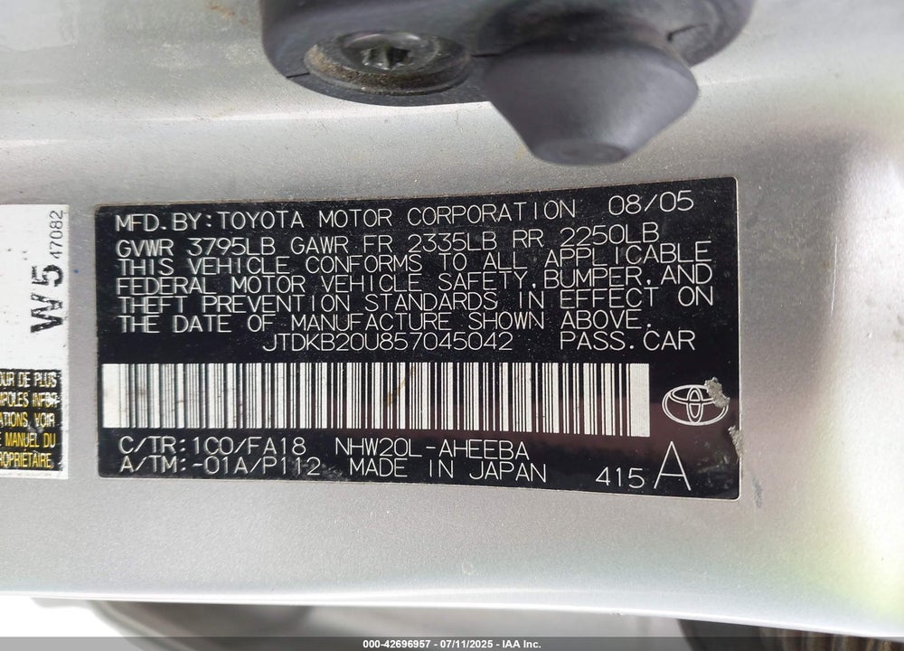 2005 TOYOTA PRIUS VIN: JTDKB20U857045042