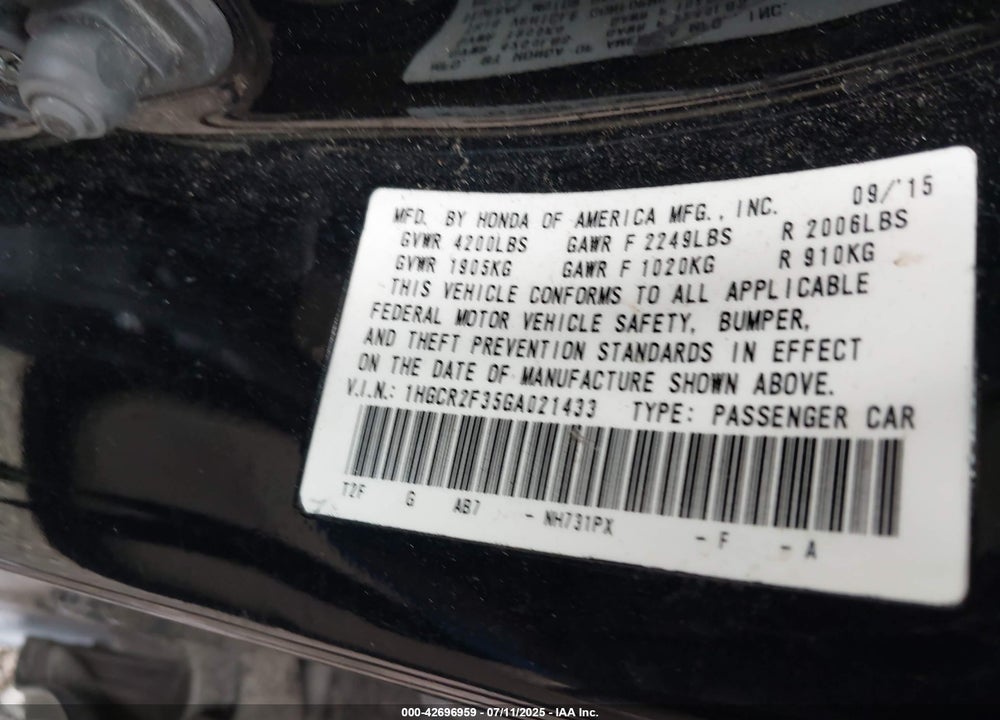 2016 HONDA ACCORD VIN: 1HGCR2F35GA021433