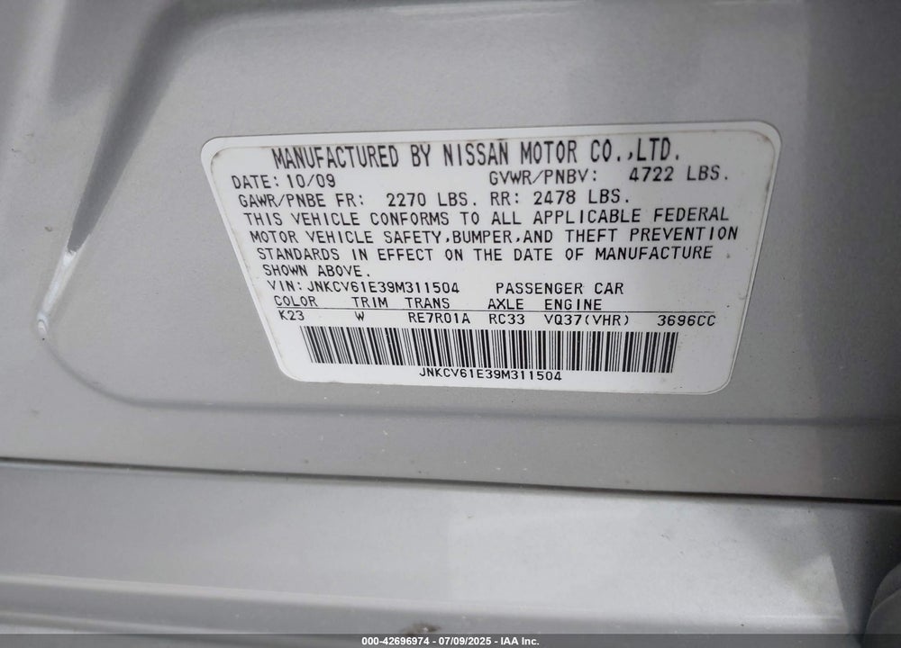 2009 INFINITI G37 JOURNEY VIN: JNKCV61E39M311504