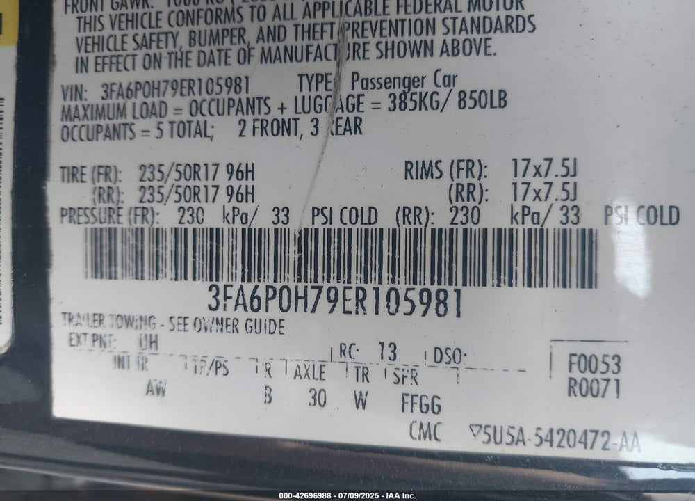 2014 FORD FUSION VIN: 3FA6P0H79ER105981