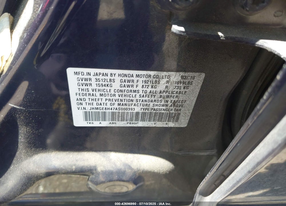 2010 HONDA FIT VIN: JHMGE8H47AS000393