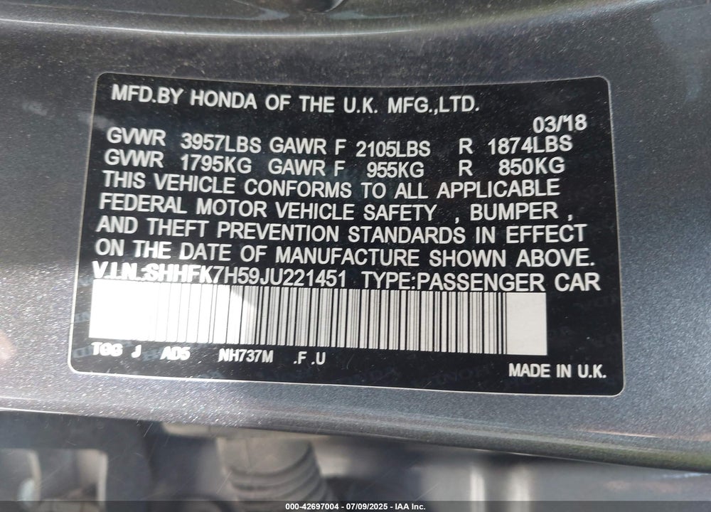 2018 HONDA CIVIC VIN: SHHFK7H59JU221451