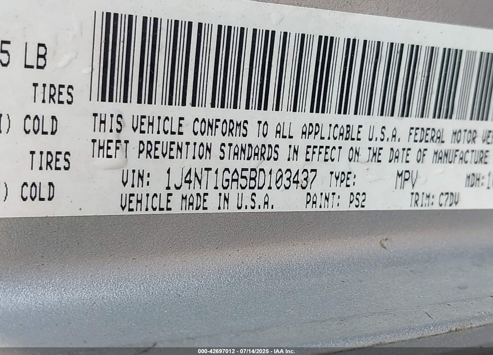 2011 JEEP PATRIOT VIN: 1J4NT1GA5BD103437