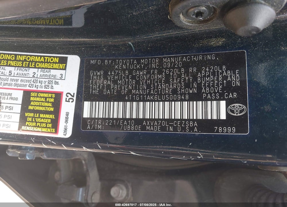 2020 TOYOTA CAMRY VIN: 4T1G11AK6LU500948