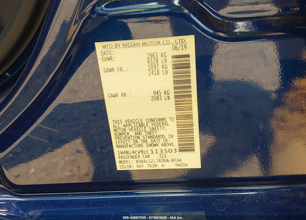 2020 NISSAN ALTIMA VIN: 1N4BL4CV9LC113503