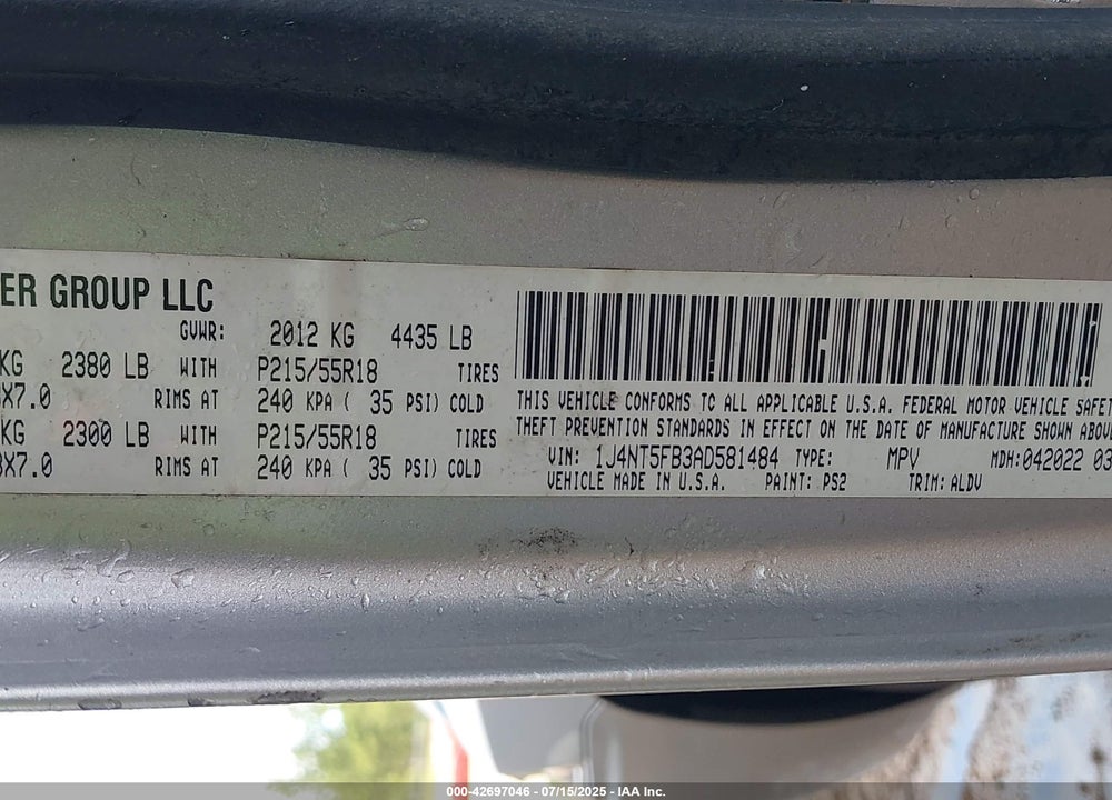 2010 JEEP COMPASS VIN: 1J4NT5FB3AD581484