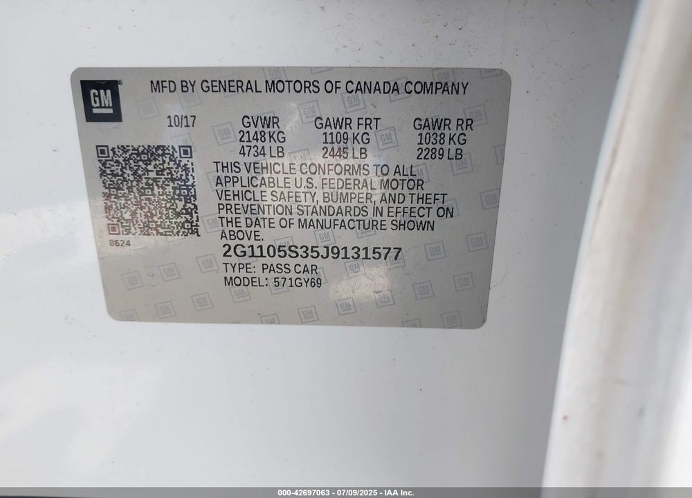 2018 CHEVROLET IMPALA VIN: 2G1105S35J9131577