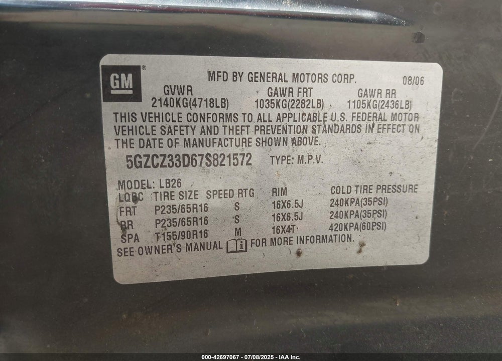 2007 SATURN VUE VIN: 5GZCZ33D67S821572