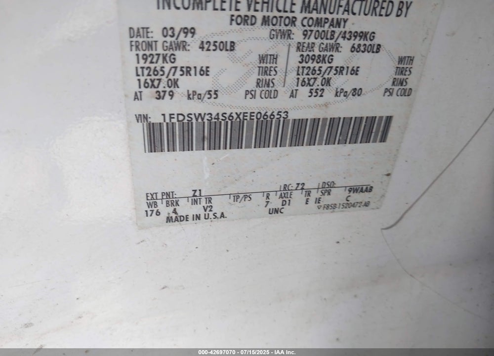 1999 FORD F-350 LARIAT/XL/XLT VIN: 1FDSW34S6XEE06653