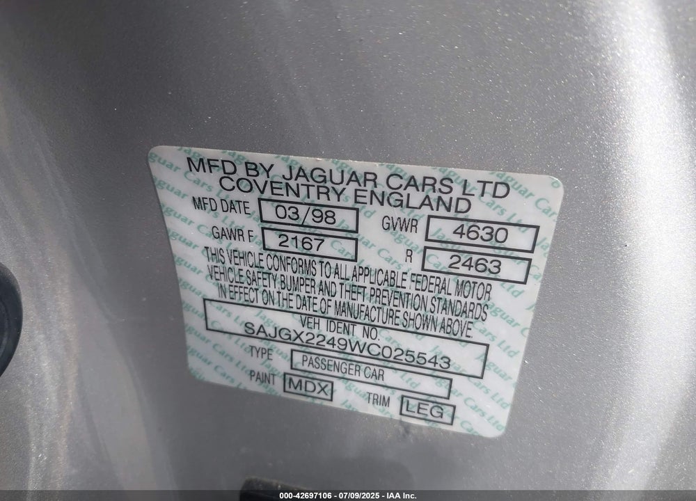 1998 JAGUAR XK8 VIN: SAJGX2249WC025543