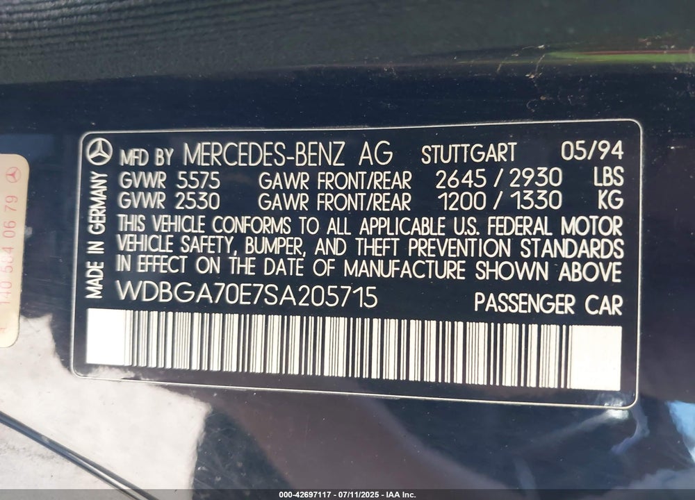 1995 MERCEDES-BENZ S 500 VIN: WDBGA70E7SA205715