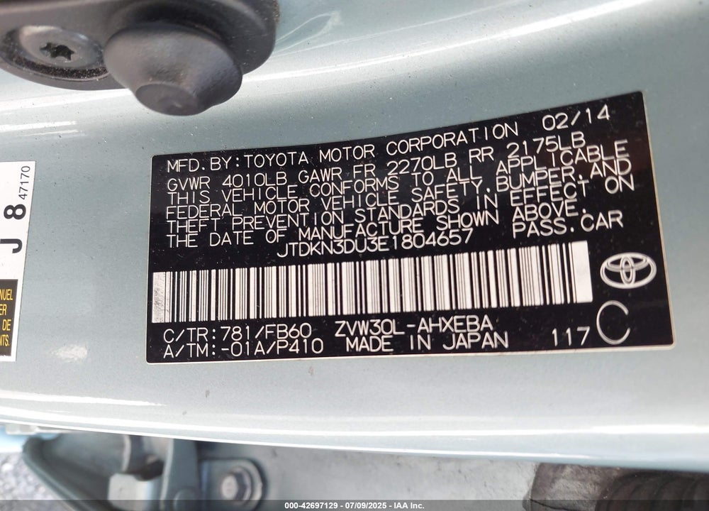 2014 TOYOTA PRIUS VIN: JTDKN3DU3E1804657
