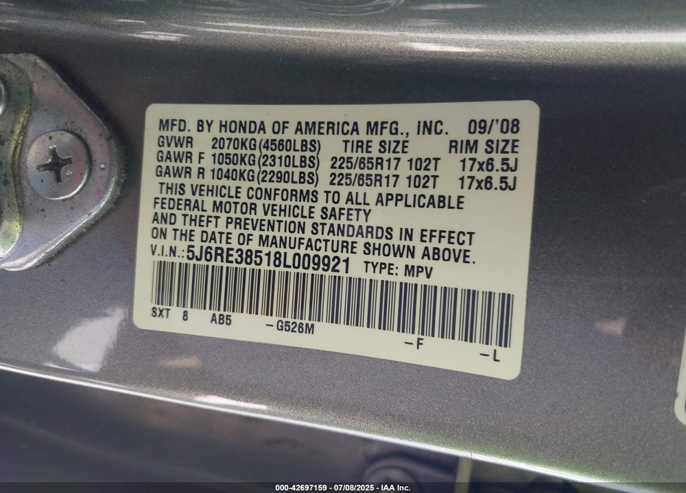 2008 HONDA CR-V VIN: 5J6RE38518L009921