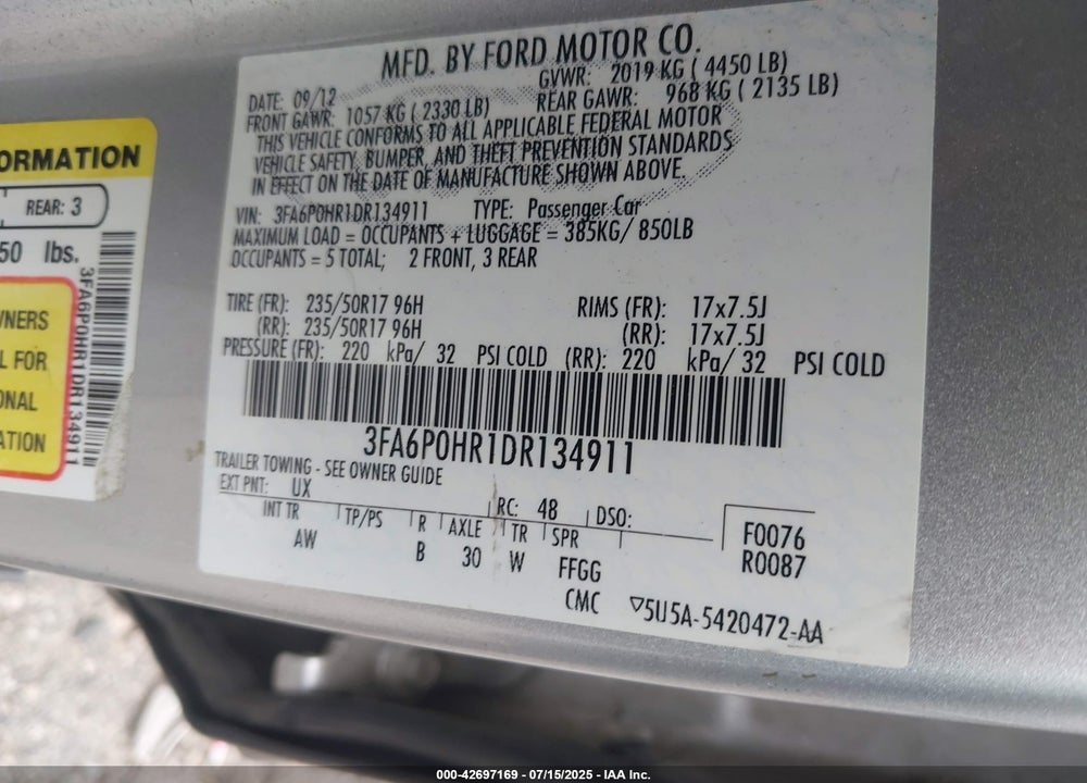 2013 FORD FUSION VIN: 3FA6P0HR1DR134911