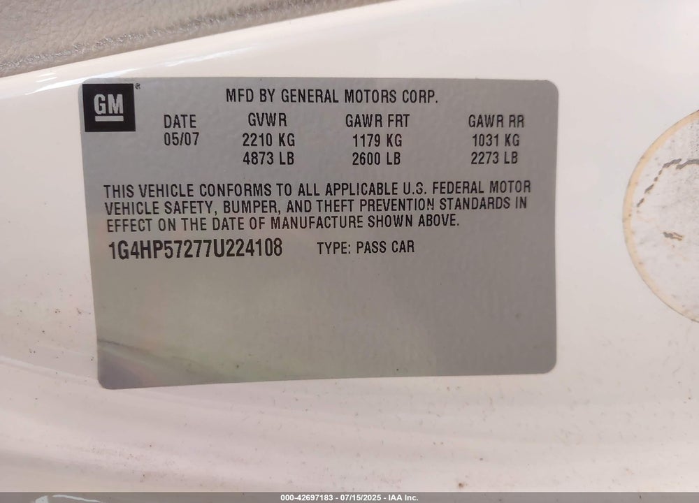 2007 BUICK LUCERNE VIN: 1G4HP57277U224108