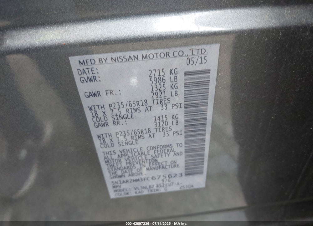2015 NISSAN PATHFINDER S VIN: 5N1AR2MM3FC675623