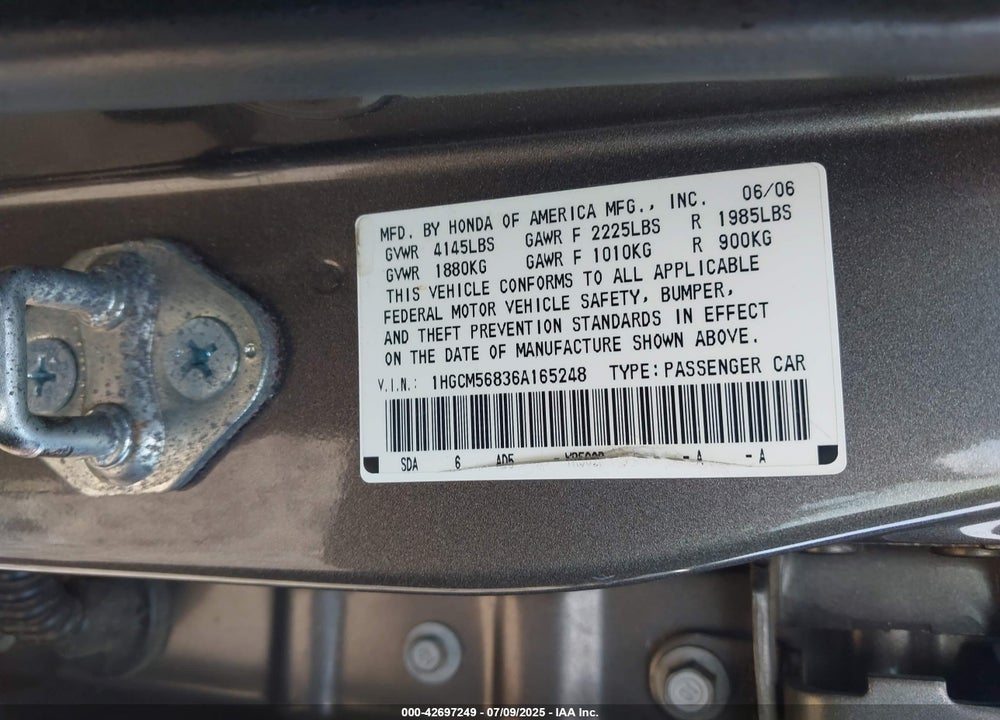 2006 HONDA ACCORD VIN: 1HGCM56836A165248