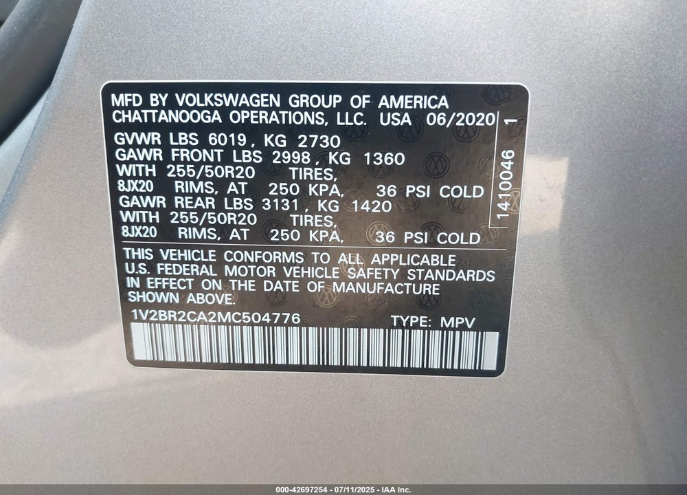 2021 VOLKSWAGEN ATLAS VIN: 1V2BR2CA2MC504776