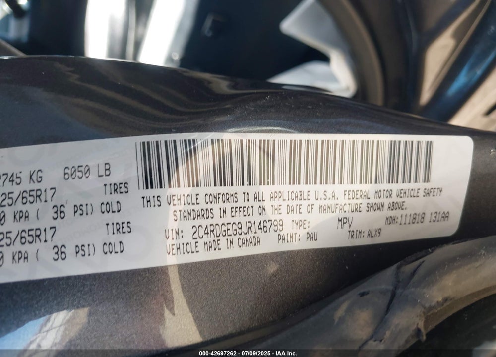 2018 DODGE GRAND CARAVAN GT VIN: 2C4RDGEG9JR146799