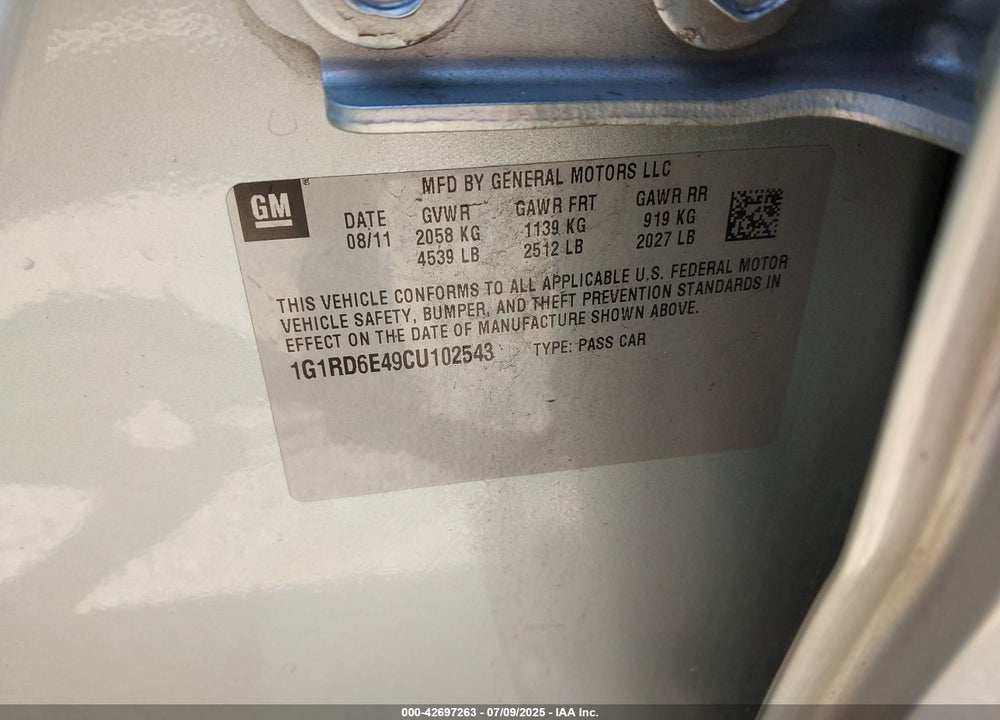 2012 CHEVROLET VOLT VIN: 1G1RD6E49CU102543