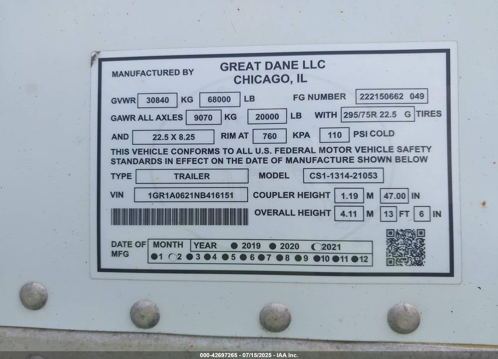 2022 GREAT DANE TRAILERS --- VIN: 1GR1A0621NB416151