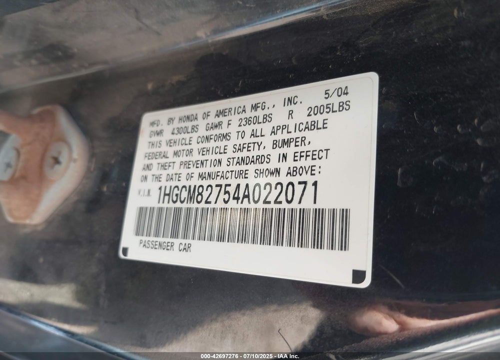 2004 HONDA ACCORD 3.0 EX VIN: 1HGCM82754A022071