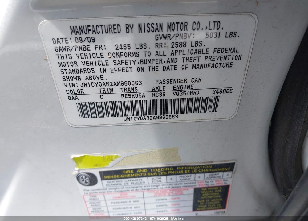 2010 INFINITI M35X VIN: JN1CY0AR2AM960663