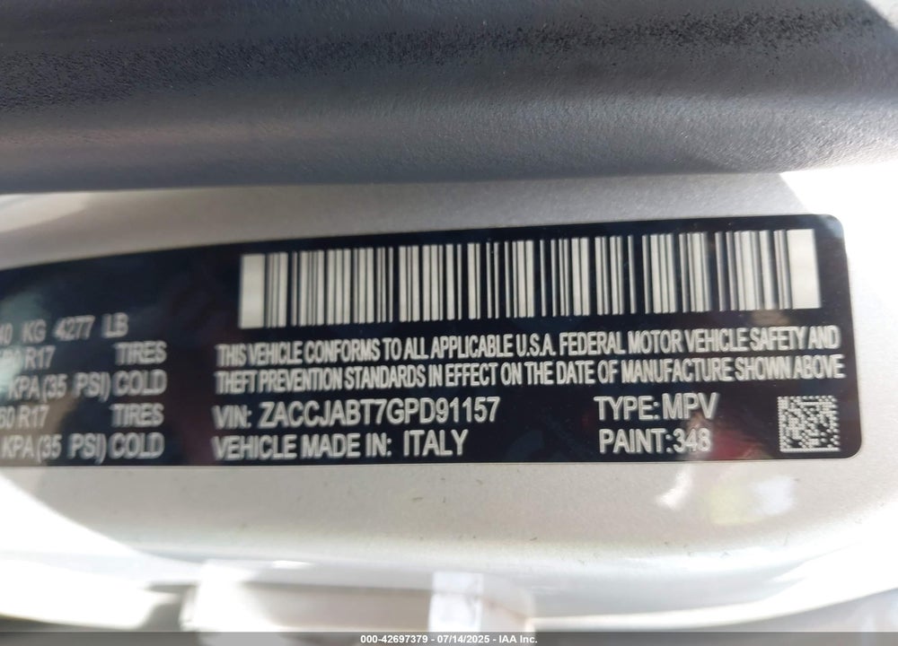 2016 JEEP RENEGADE VIN: ZACCJABT7GPD91157