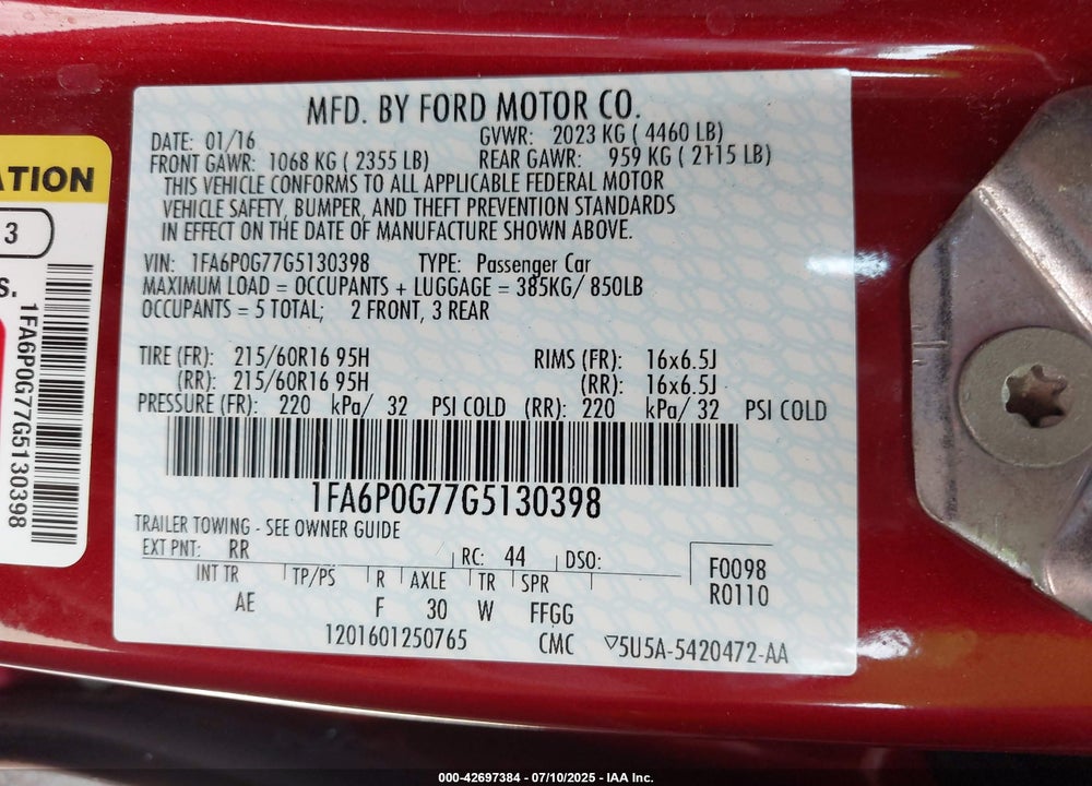 2016 FORD FUSION S VIN: 1FA6P0G77G5130398