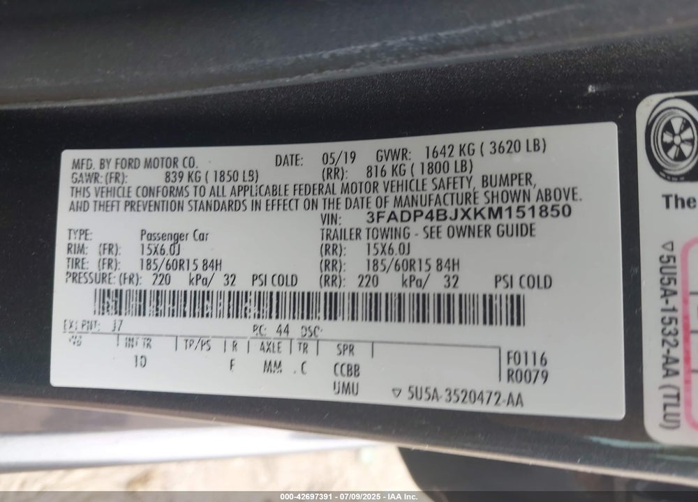 2019 FORD FIESTA VIN: 3FADP4BJXKM151850