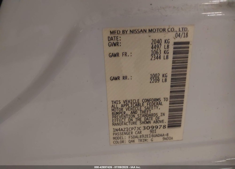 2018 NISSAN LEAF VIN: 1N4AZ1CP7JC309978