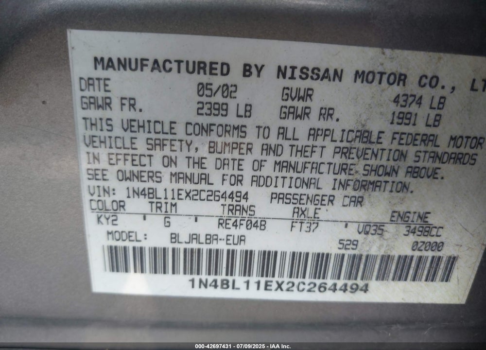 2002 NISSAN ALTIMA 3.5 SE VIN: 1N4BL11EX2C264494