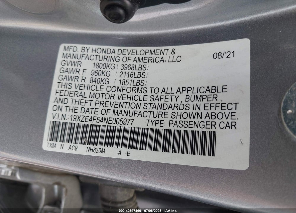 2022 HONDA INSIGHT VIN: 19XZE4F54NE005977