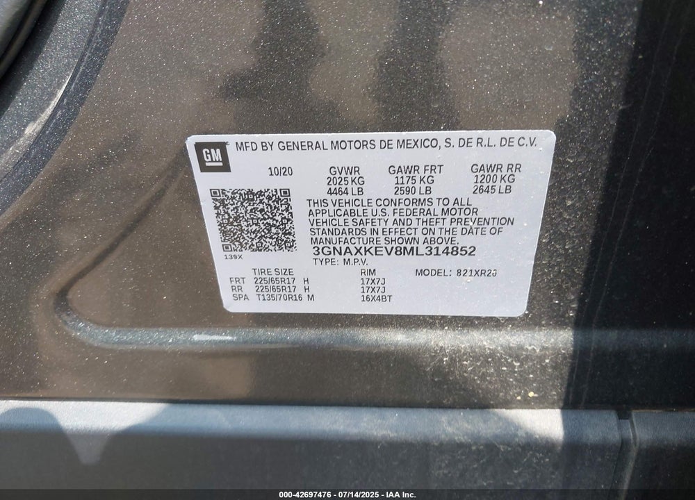 2021 CHEVROLET EQUINOX VIN: 3GNAXKEV8ML314852
