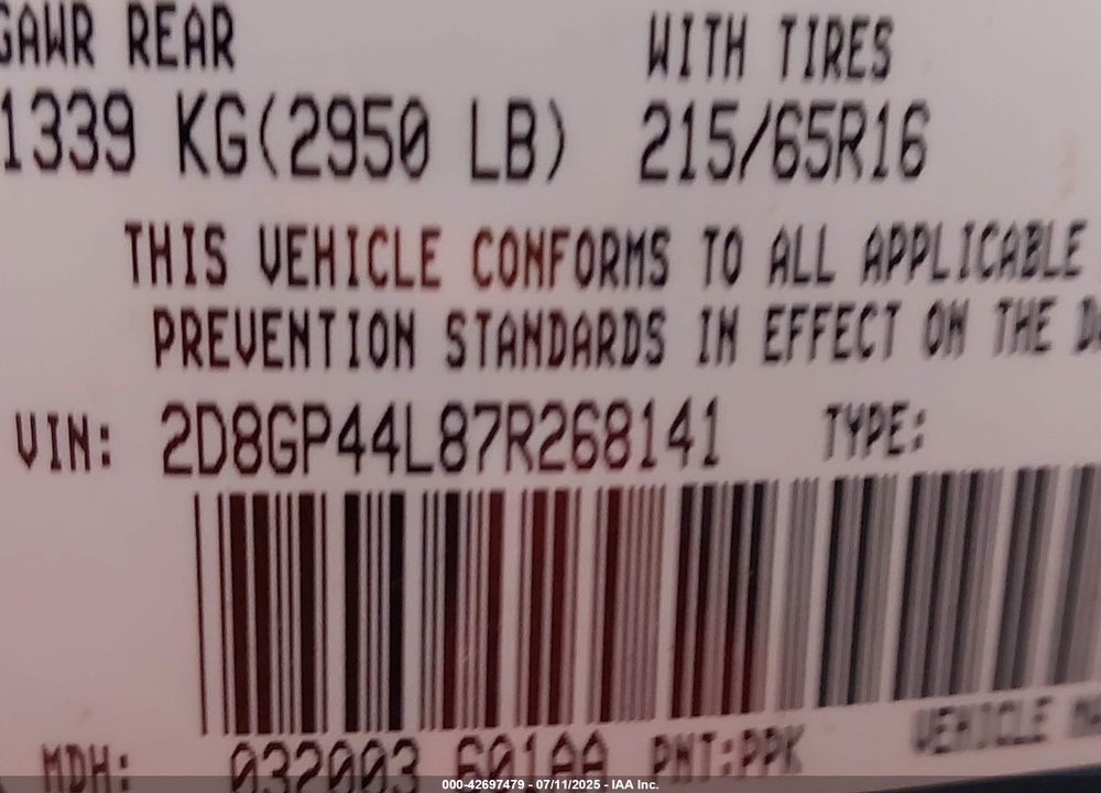 2007 DODGE GRAND CARAVAN SXT VIN: 2D8GP44L87R268141
