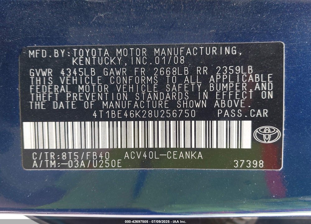 2008 TOYOTA CAMRY VIN: 4T1BE46K28U256750