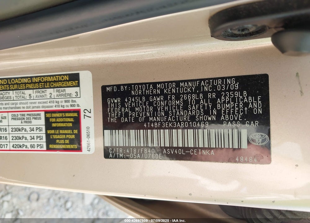 2010 TOYOTA CAMRY VIN: 4T4BF3EK3AR010469