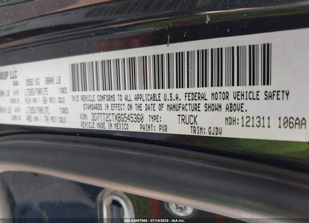 2011 RAM RAM 2500 VIN: 3D7TT2CTXBG545360