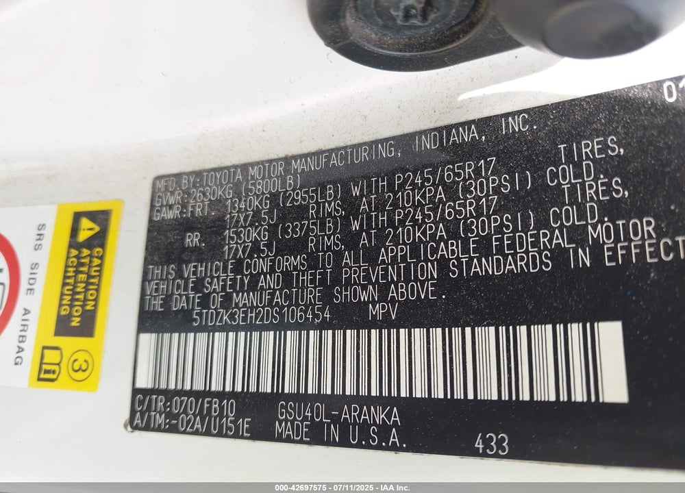 2013 TOYOTA HIGHLANDER BASE V6 VIN: 5TDZK3EH2DS106454