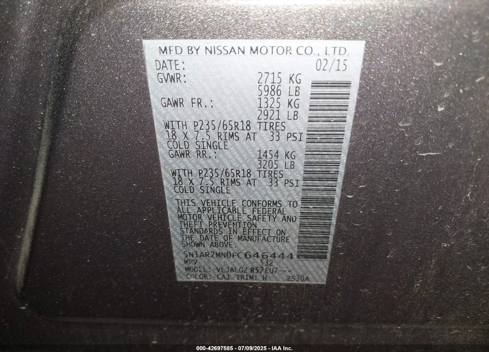 2015 NISSAN PATHFINDER VIN: 5N1AR2MN0FC646444