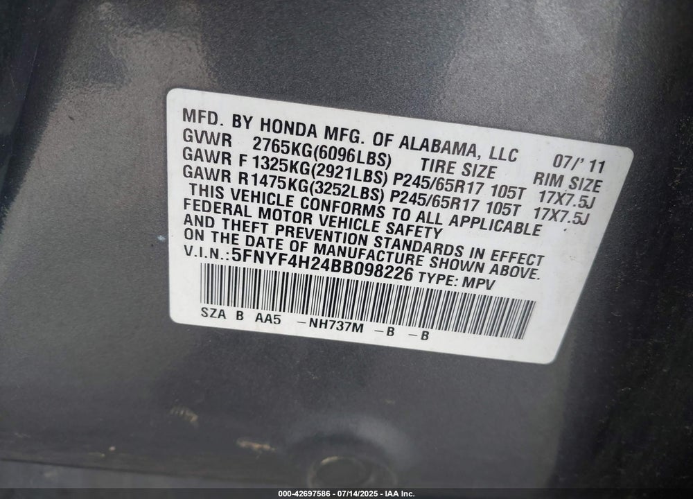 2011 HONDA PILOT VIN: 5FNYF4H24BB098226