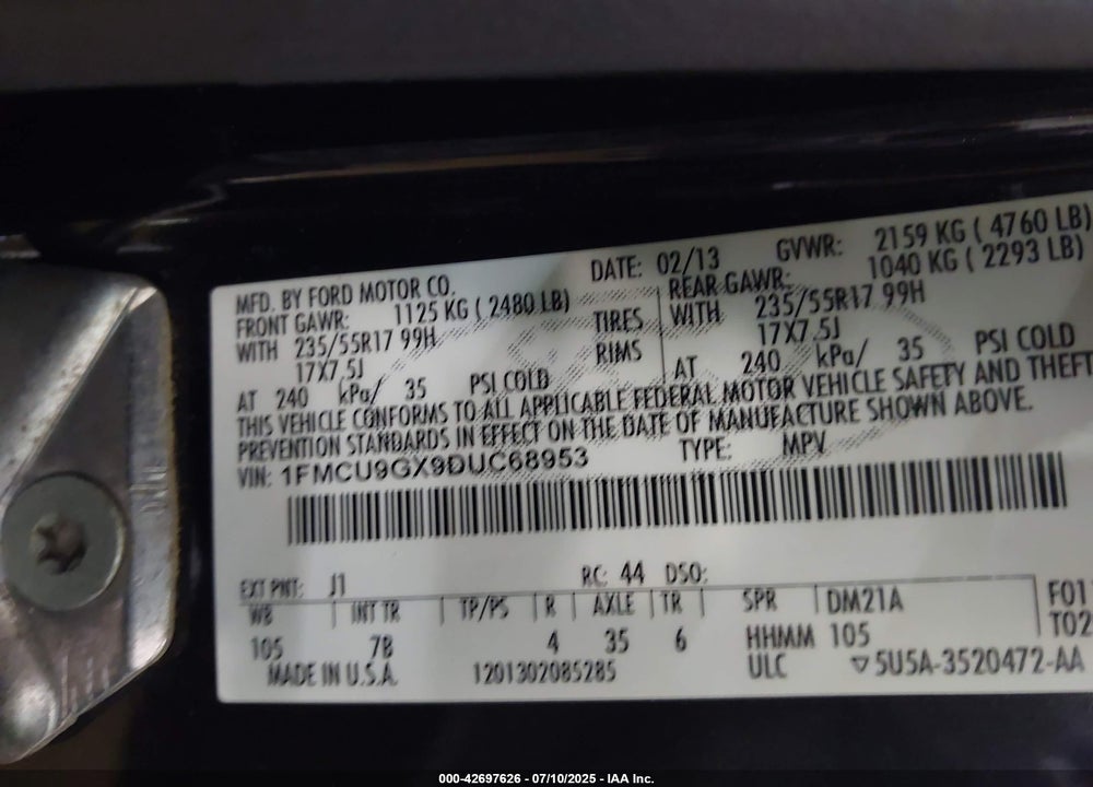 2013 FORD ESCAPE SE VIN: 1FMCU9GX9DUC68953