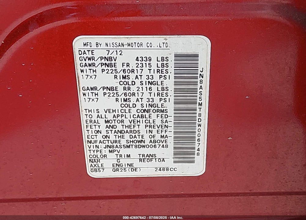 2013 NISSAN ROGUE VIN: JN8AS5MT8DW006748