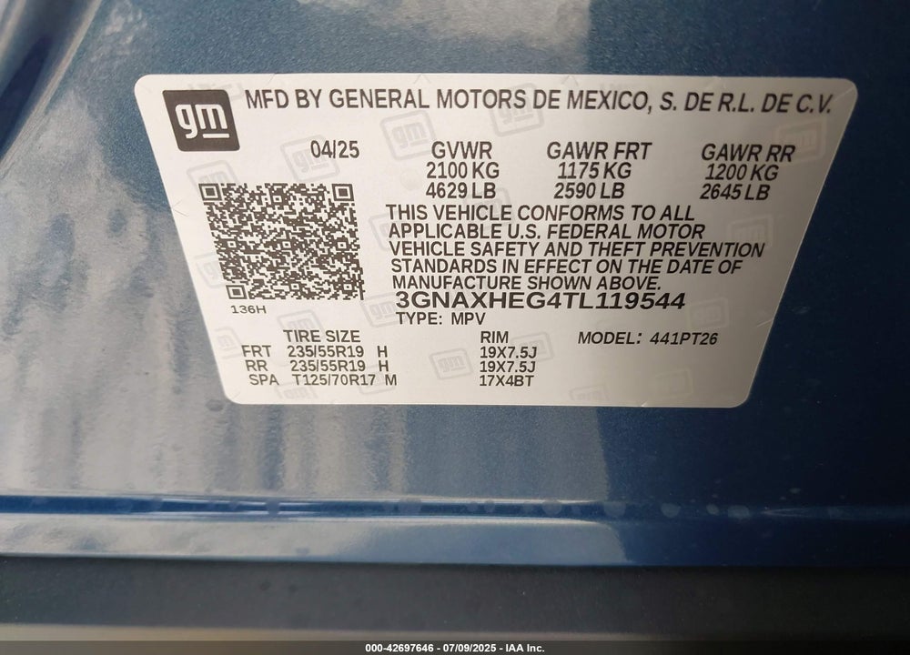 2026 CHEVROLET EQUINOX VIN: 3GNAXHEG4TL119544