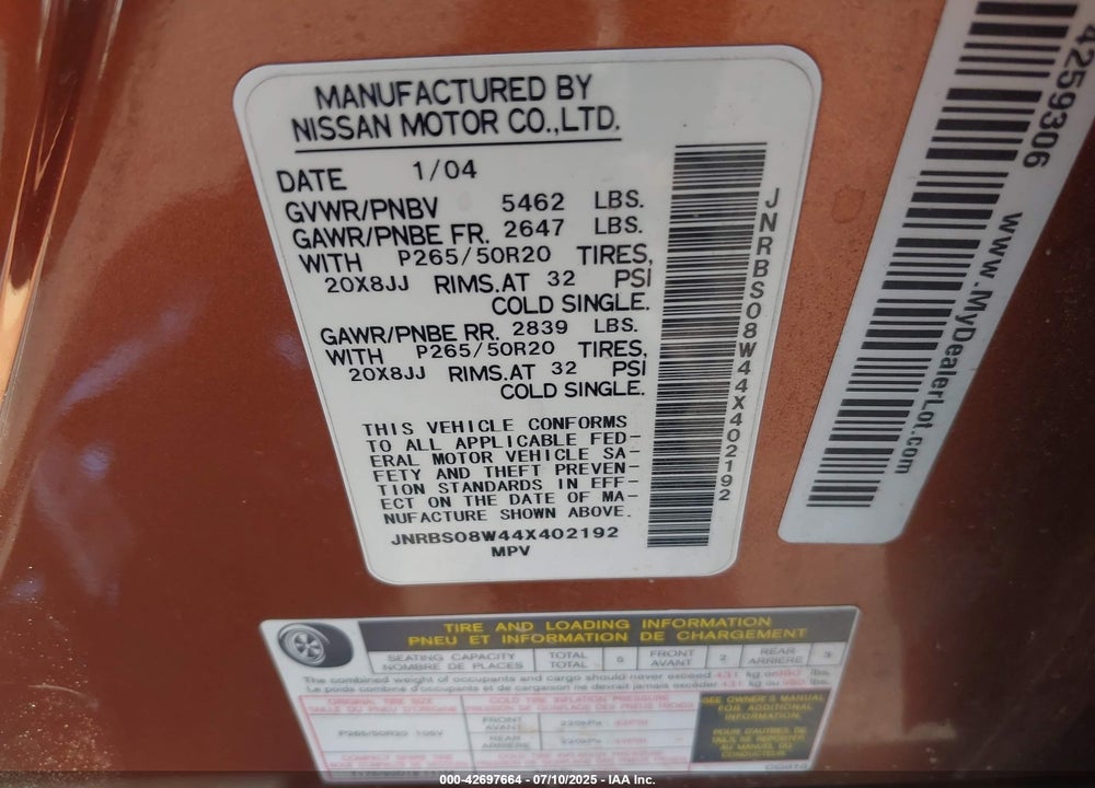 2004 INFINITI FX45 VIN: JNRBS08W44X402192