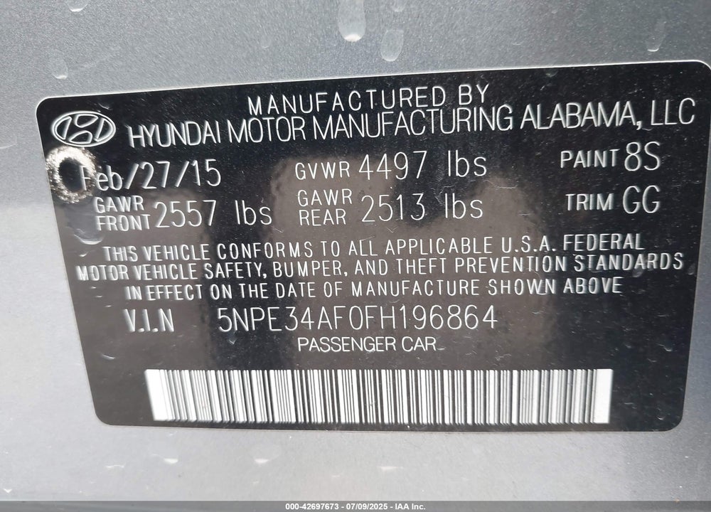 2015 HYUNDAI SONATA VIN: 5NPE34AF0FH196864